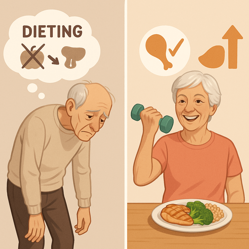 Senior exercising and healthy meal illustration